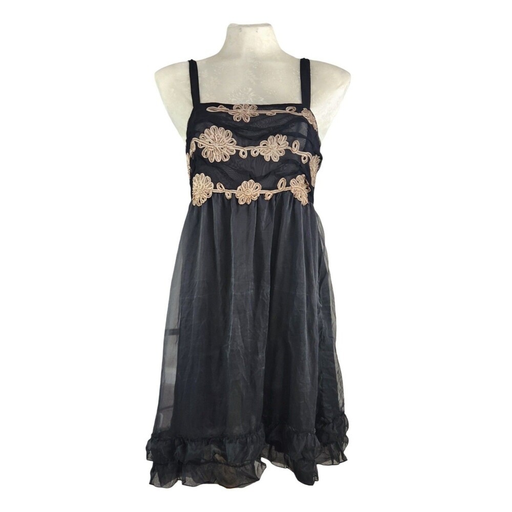 Anthropologie Zehavale Black Lace Tulle Silk Sheer Mini Dress Size 10 - Picture 2 of 12